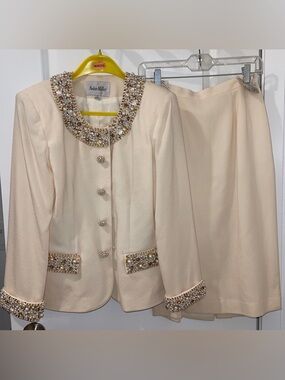Nolan Miller Cream Beaded Collar Midi Skirt Suit